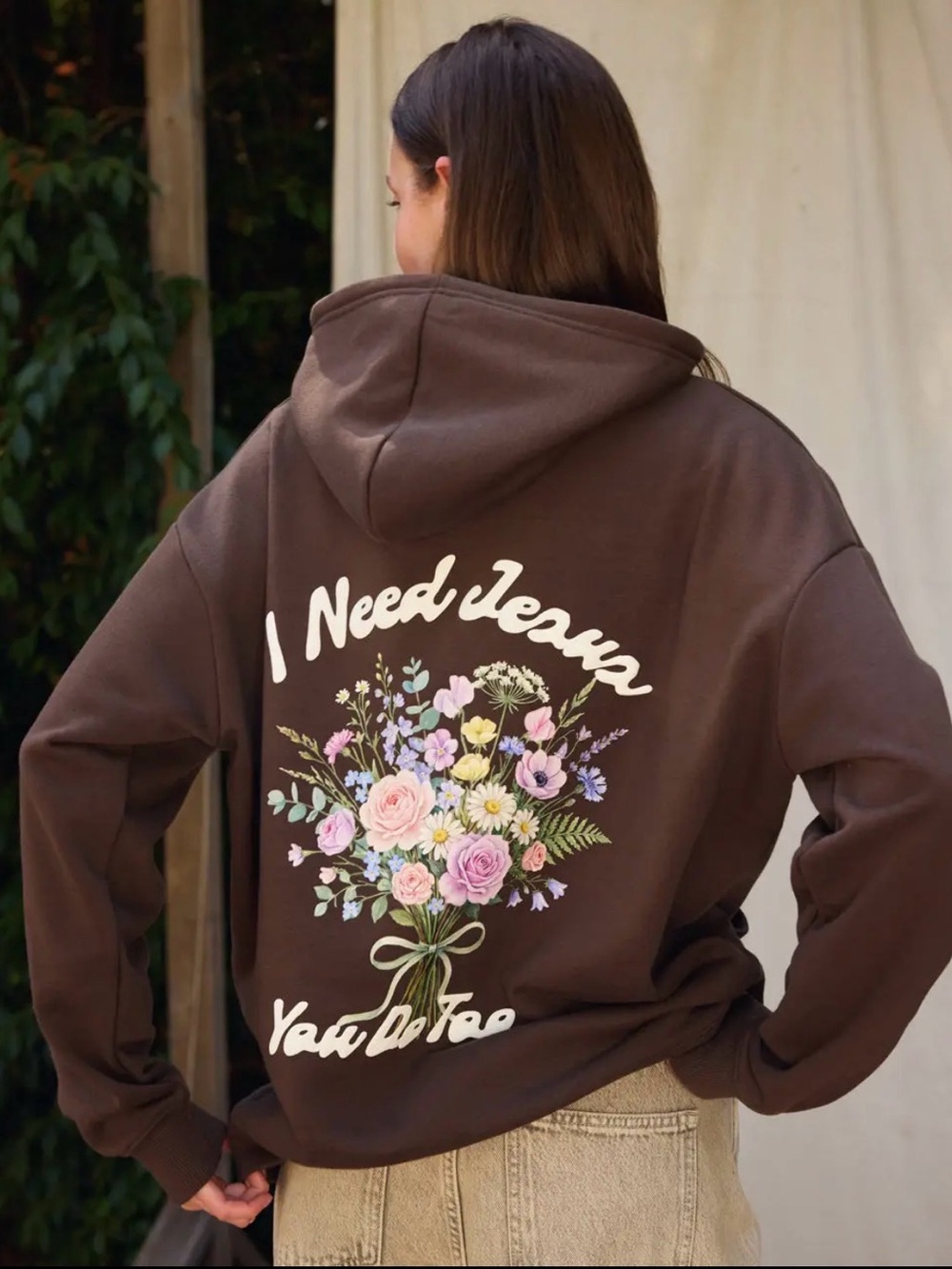 Brown Floral-Back Hoodie with Script Graphic